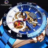 forsining top brand luxury skeleton mechanical mens watch blue stainless steel creative dial waterproof luminous hands man clock