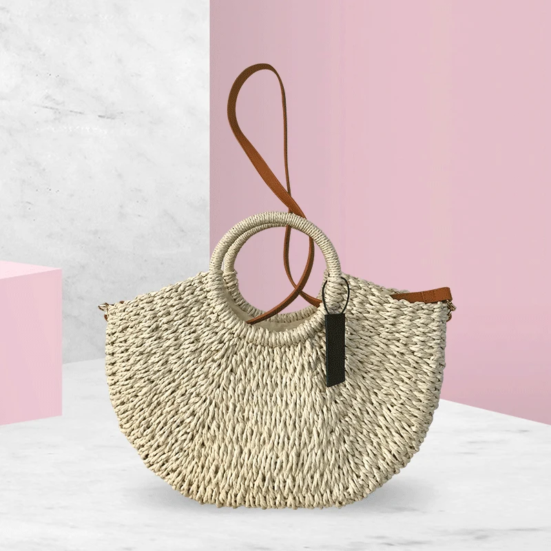 

Casual Half Moon Handmade Straw Women Shoulder bag Large Capacity Paper Rope Weaving Handbag Women's bag Summer Beach Straw Ba