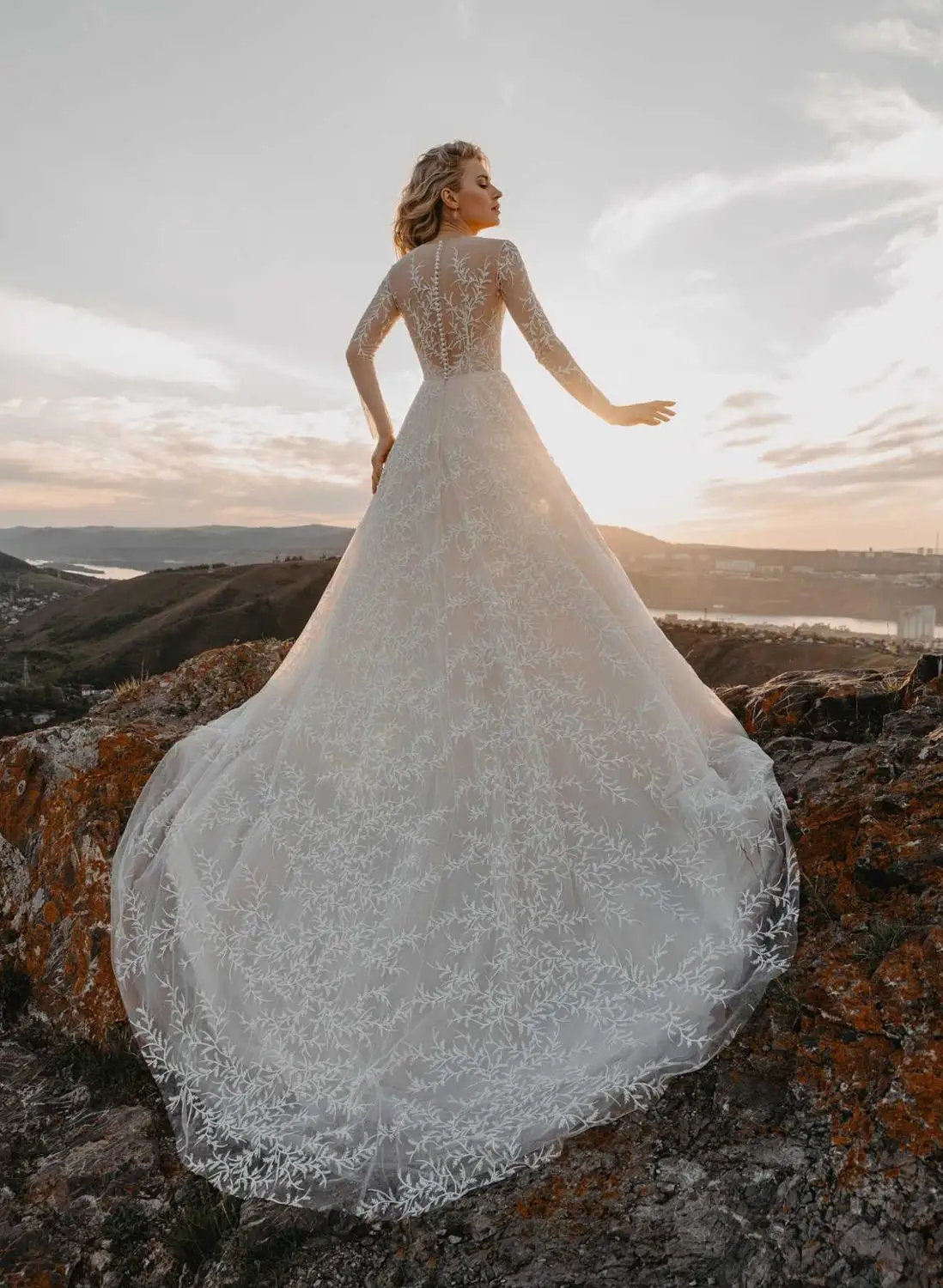 Шикарное кружевное свадебное платье А-силуэт длинный рукав тюль Vestido De Noiva богемные свадебные платья
