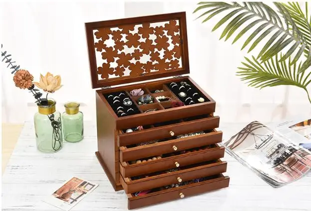 European Solid Wood Jewelry Box Big 6 Floor Jewelry Display Casket Earrings Ring Box Jewelry Box Organizer Case Jewelry Gift Box