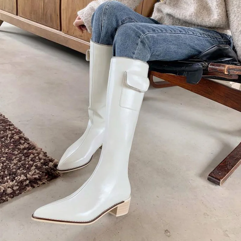 

Женские ботинки до середины икры с острым носком на низком квадратном каблуке, женские ботинки на платформе с молнией, Нескользящие мотоцик...