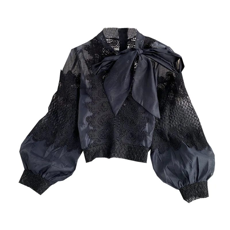 

Japan Style Ladies Blouse Lantern Sleeve Stand Collar Bow Shirt Women Autumn Hollow Lace Stitching Chic Tops Female Blusa GX1079