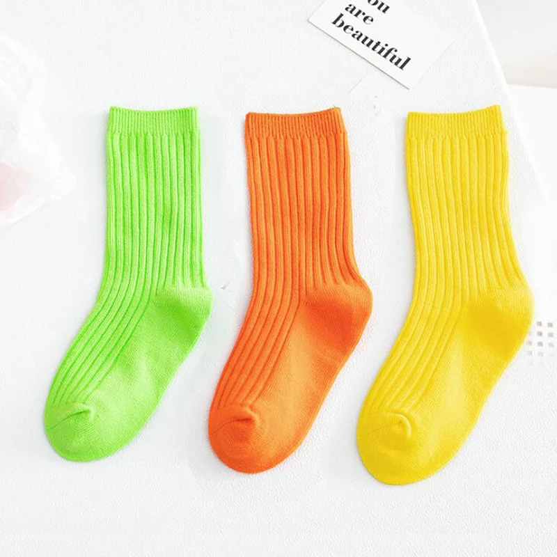 

3 Pairs Autumn Winter Children Socks Boys Girls Soft Double Needle Cotton Tube Socks Kids Solid Candy Color Sport Socks