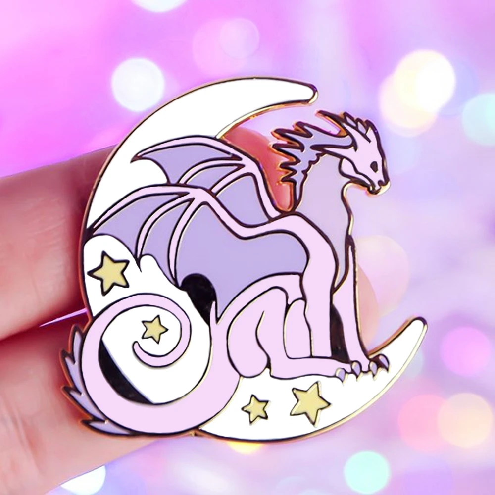 

Gorgeous Beautiful Pink Moon Dinosaur Hard Enamel Pin Fantasy Cartoons Animals Flying Dragon Brooch Unique Jewelry Art Decor