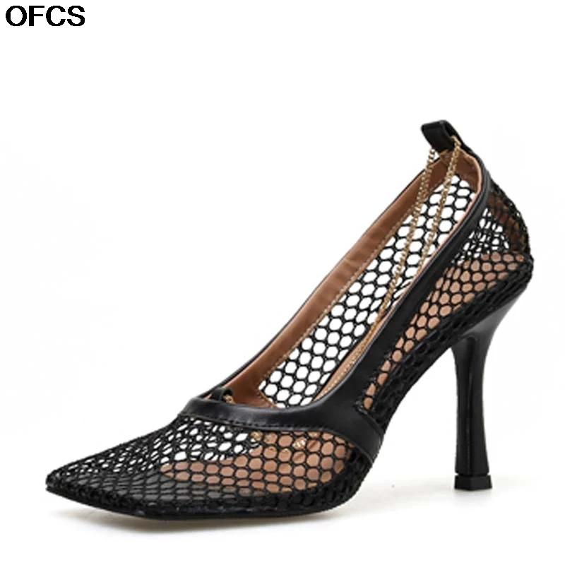 7CM Black Пикантные женские туфли-лодочки Mesh сандалии с квадратным носком высокого украшение на каблук на высоком каблуке, туфли нарядные туфли-лодочки обувь 7 см и 9 см; Zapatillas лето-осень - Цвет: 7CM Black