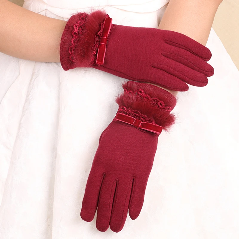 

Fashion gloves winter ladies cashmere touch screen gloves plus velvet warm rabbit hair lace cute riding gloves