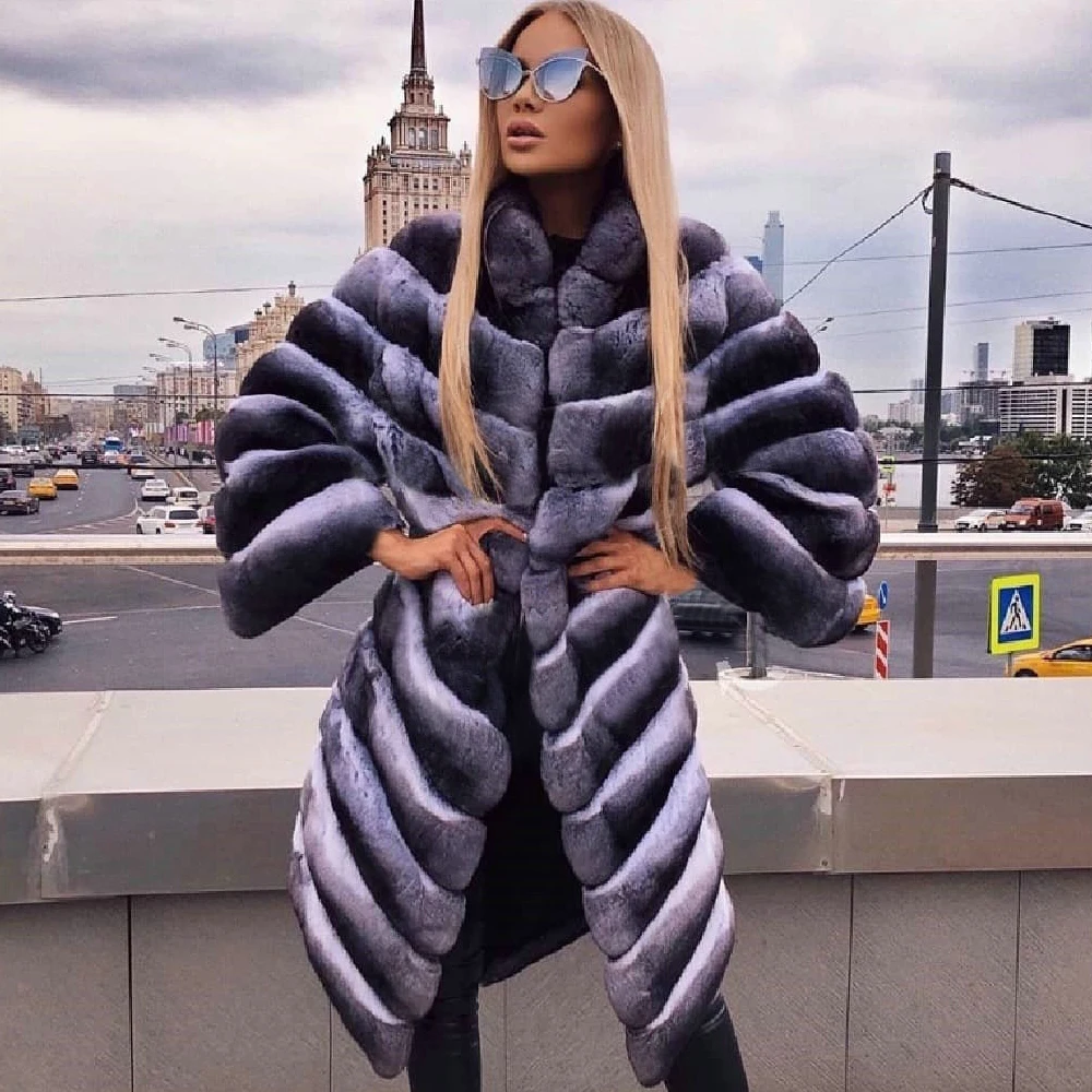 Long Real Rex Rabbit Fur Coats for Women Winter Outwear Luxury 2022 New Whole Skin Genuine Rex Rabbit Fur Coat with Stand Collar