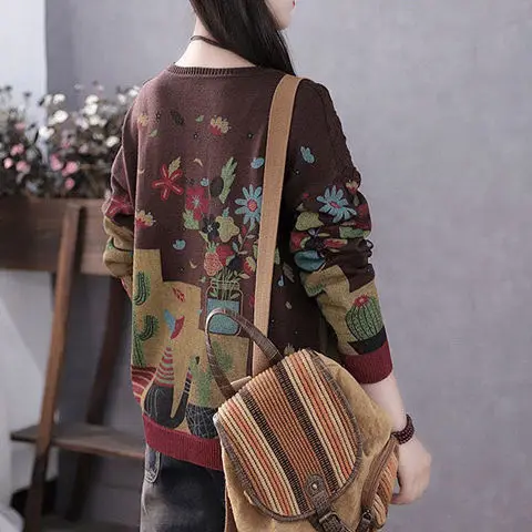 

Spring and autumn new fashion printed knitted hollow round neck sweater women's wild literary slim loose top