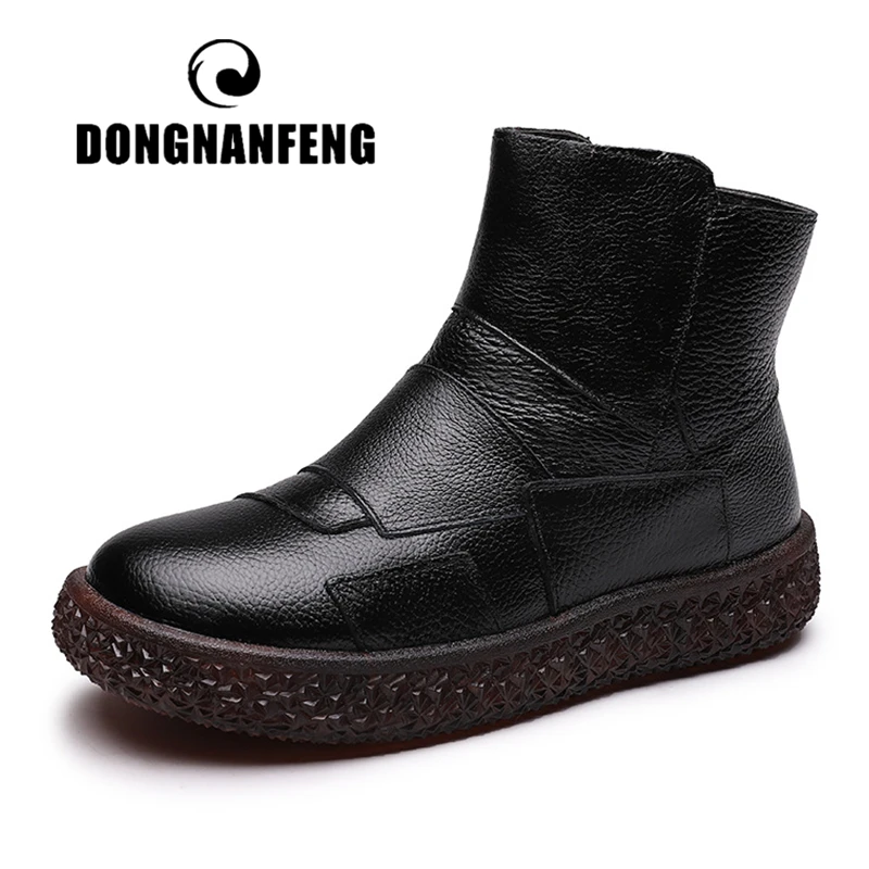 

DONGNANFENG Women's Female Ladies Mother Ankle Genuine Leather Boots Shoes Retro Zipper Winter Plush Fur Warm Plus Size 41
