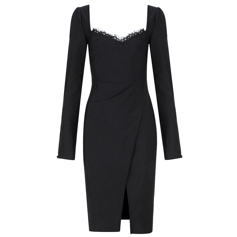 

INDRESSME 2019 New Women Party Elegant Black Vestidos Vintage V Neck Lace Long Sleeve Knee-Length Bandage Wrap Dress