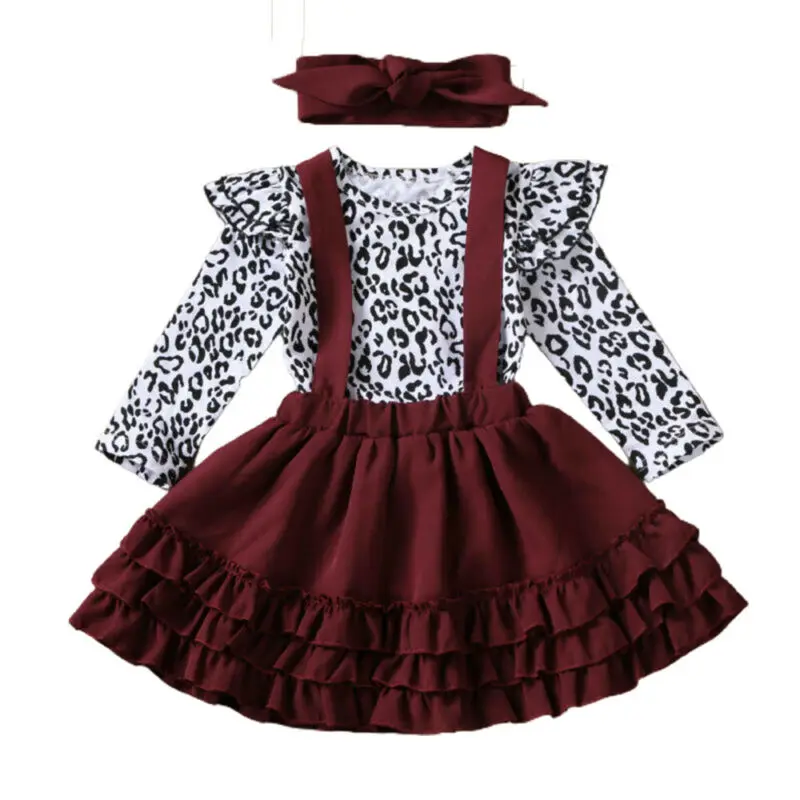 

Long Sleeve 3pcs Outfits Girl Kids T-Shirts Headband Dress Set Baby Summer Top