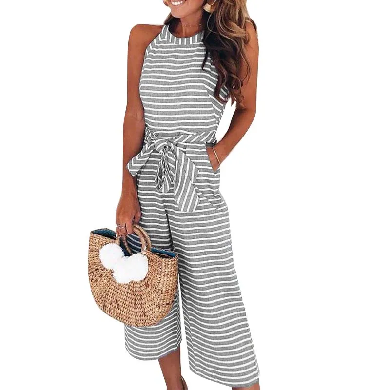 Женский полосатый комбинезон FIF66 Свободный с круглым вырезом без рукавов поясом