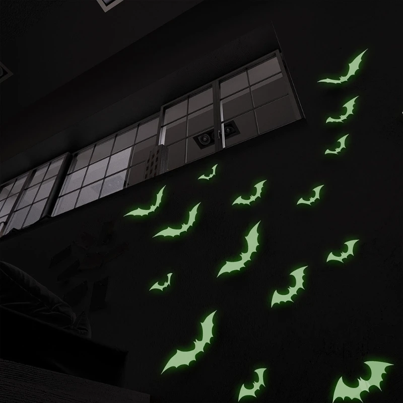 

69HF 8/12pcs 3D Bats Sticker Halloween Glow in The Dark Wall Decals Luminous Window Glasses Glowing Stickers for Halloween