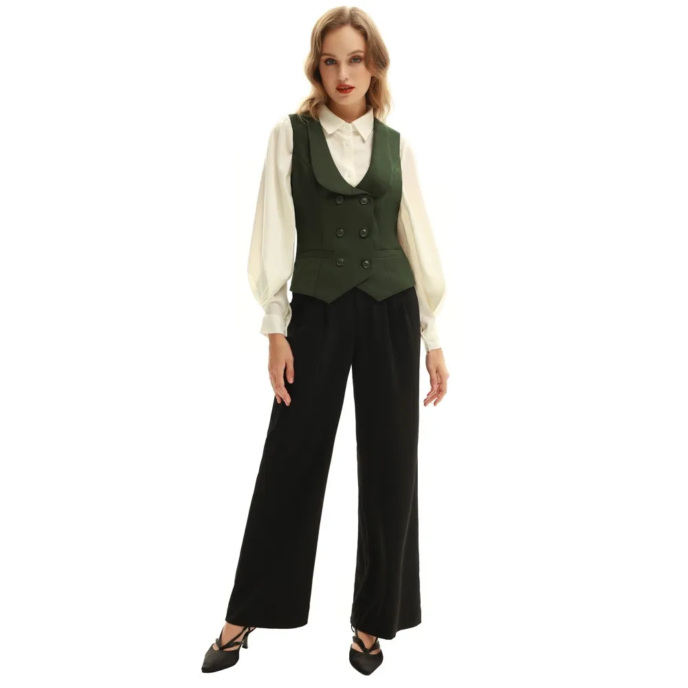 Женский винтажный двубортный жилет однотонный с глубоким V-образным вырезом