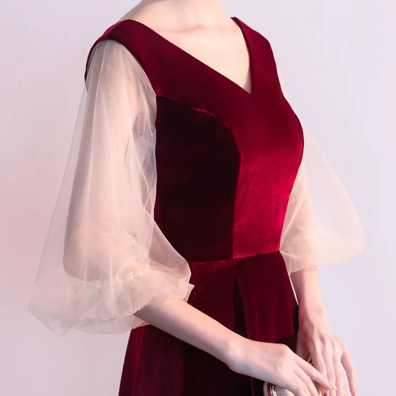 

Burgundy A-Line Prom Dress CR339 Half Sleeve Banquet Gowns For Women Patchwork Vestido De Gala Double V-Neck Formal Dresses 2020