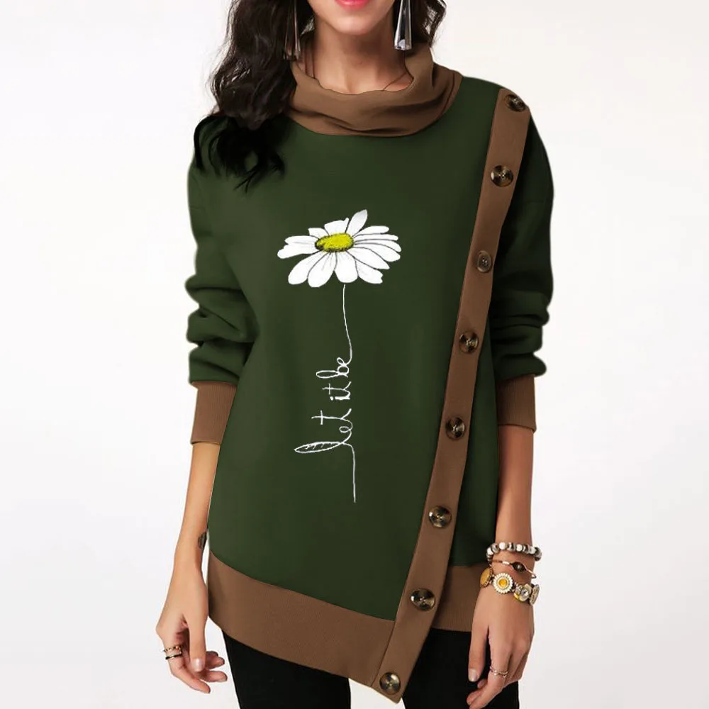 green flower Модная женская толстовка с капюшоном на осень и зиму, Необычные пуговицы, Лоскутная блуза, негабаритные толстовки, офисное ретро пальто, 4XL 5XL - Цвет: green flower