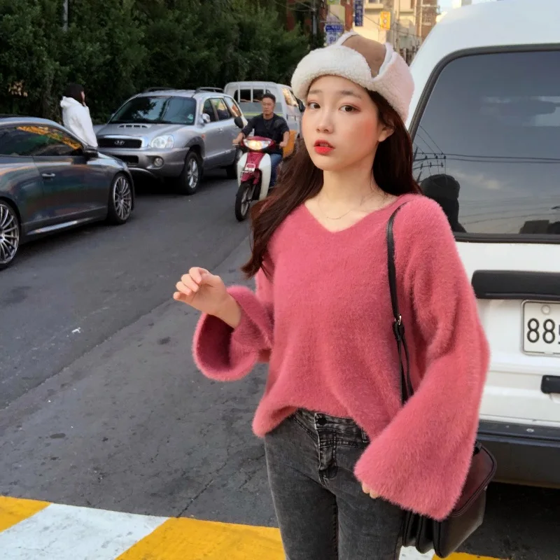 Осень корейский ins Harajuku сладкий винтажный сплошной цвет вязаный свитер женский модный Свободный v-образный вырез с длинными рукавами женский свитер