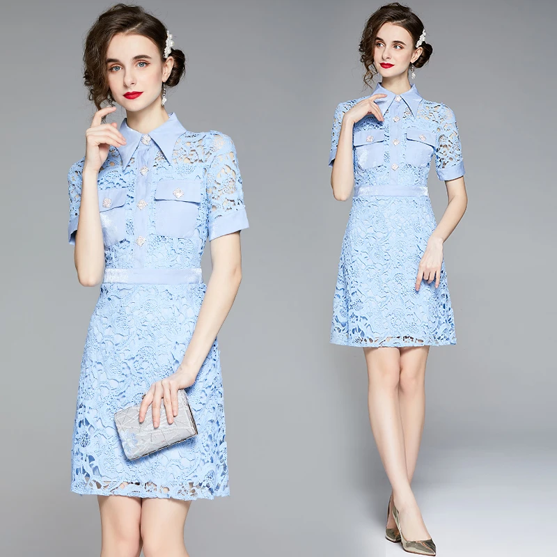 

Summer Blue Fower Hollow Out Water-Soluble Lace Dress Women Elegant Diamonds Buckle Buttons Pocket Shirt Collar Mini Dress 8161