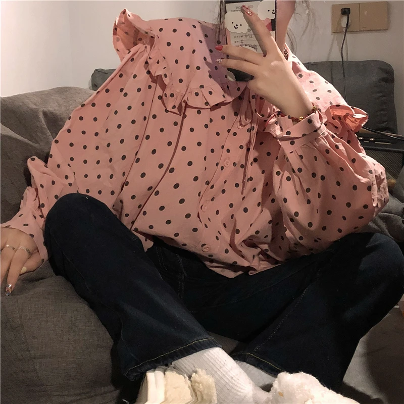 

Dot Sweet Women Blouse Shirt Causal Ruffled Collar Long Sleeve Tops 2021 Spring Korean New De Moda Blusas Mujer