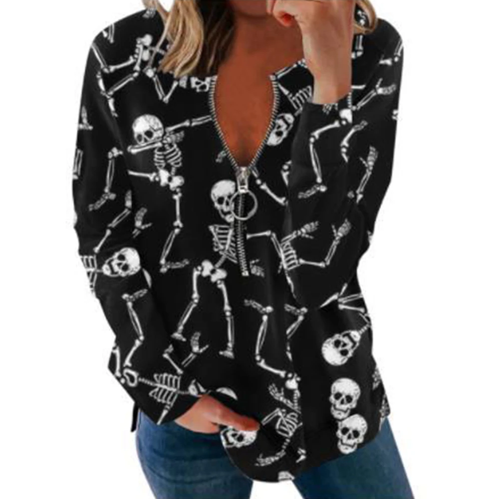 

Women Hallowen Skull Zipper Printed T-Shirt Round Neck Long Sleeved Loose Blouse Casual Tops Festival Outfit Femme Tee 2021