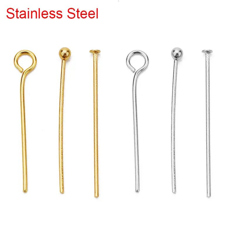 

100pcs Stainless Steel Flat Eye Head Pins Bulk 20mm 30mm 40mm Gold Color Ball Bead Headpins Connector For Earring Jewelry Making