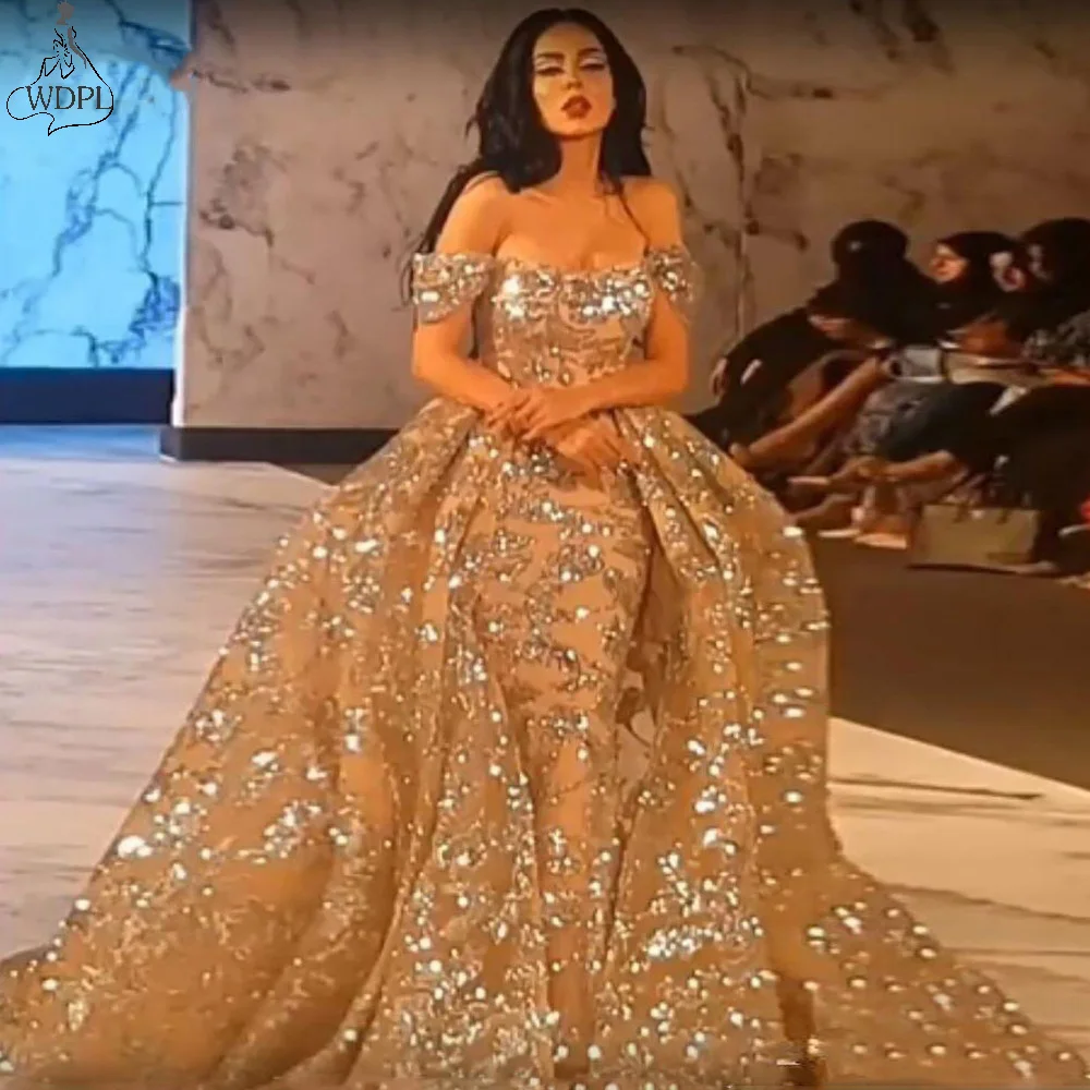 

Saudi Arabic Gold Lace Mermaid Prom Dresses Detachable Train Luxury Dubai Evening Gowns Off The Shoulder vestidos Abendkleider