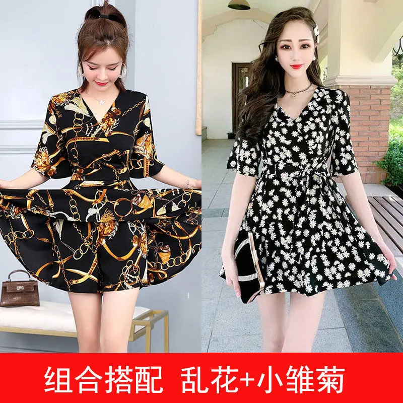 Traje de gasa de dos piezas para mujer, pantalones cortos a la moda, de manga corta