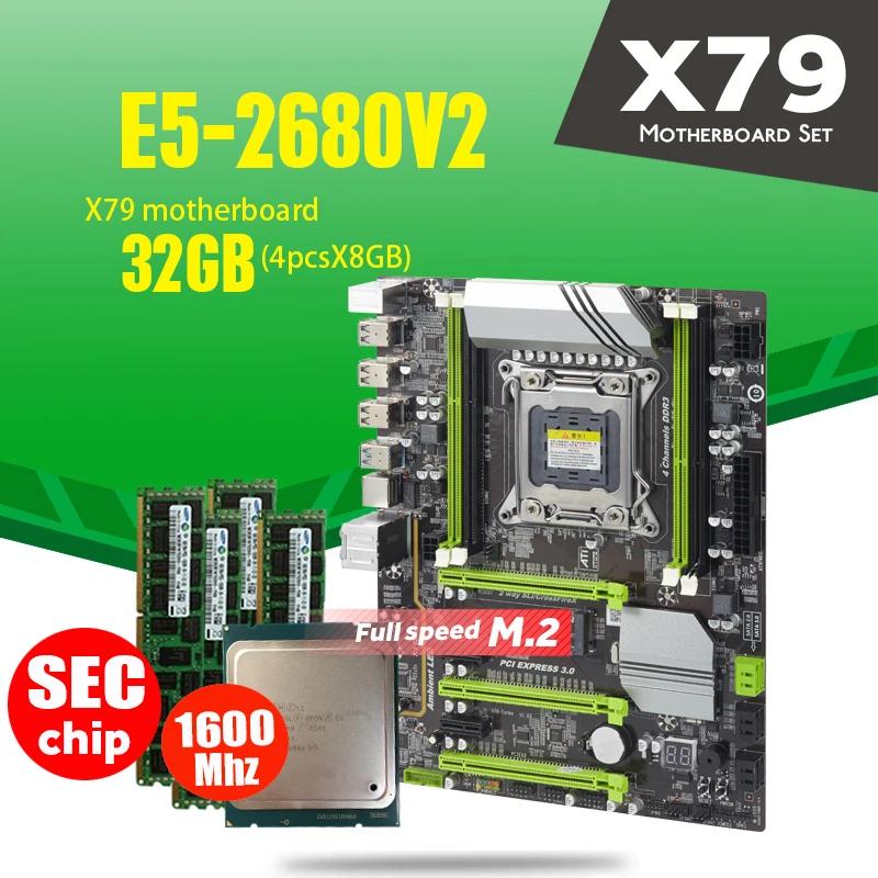 Материнская плата X79 Turbo LGA2011 ATX combos E5 2680 V2 4 шт. x 8 ГБ = 32 Гб 1600 МГц PC3 12800R PCI E NVME M.2 SSD USB3.0