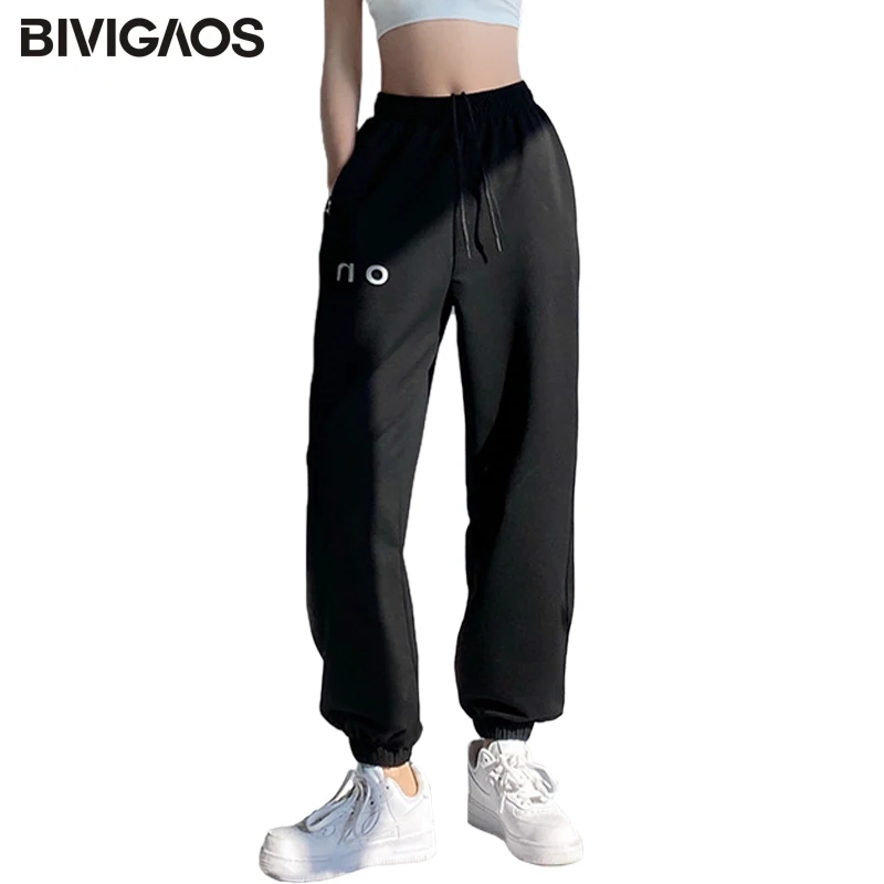 BIVIGAOS Black ON Printed Rubber Letter Sport Pants Women Baggy Pants Spring Autumn Cotton High Waist Slim Loose Casual Pants