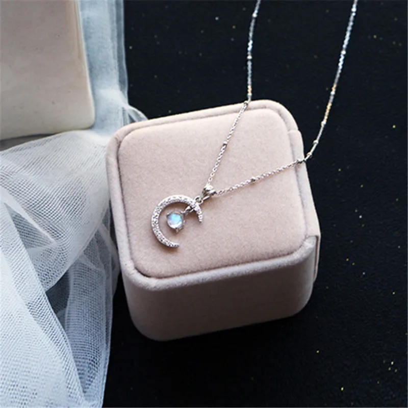925 Sterling Silver Moonstone Zircon Moon Charm Necklace Creative Elegant Clavicle Chain Party Jewelry For Women Choker dz607 | Украшения и