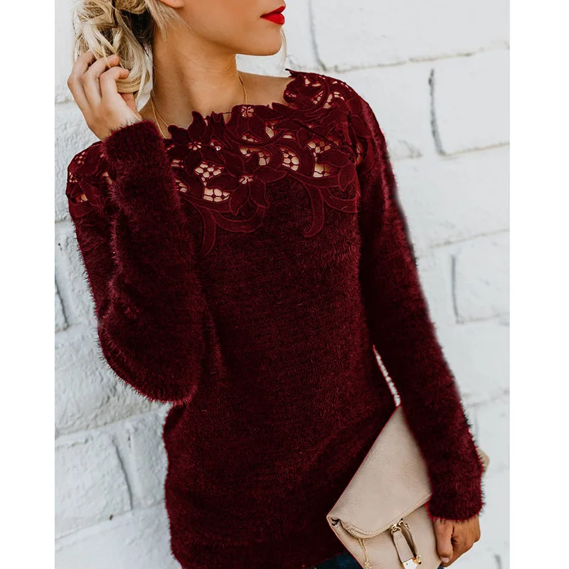 Fashion Lace Cashmere Sueter Mujer 2019 Women Sweater and Pullovers Casual Solid O-Neck Femme Autumn Sweaters Tops Feminino | Женская