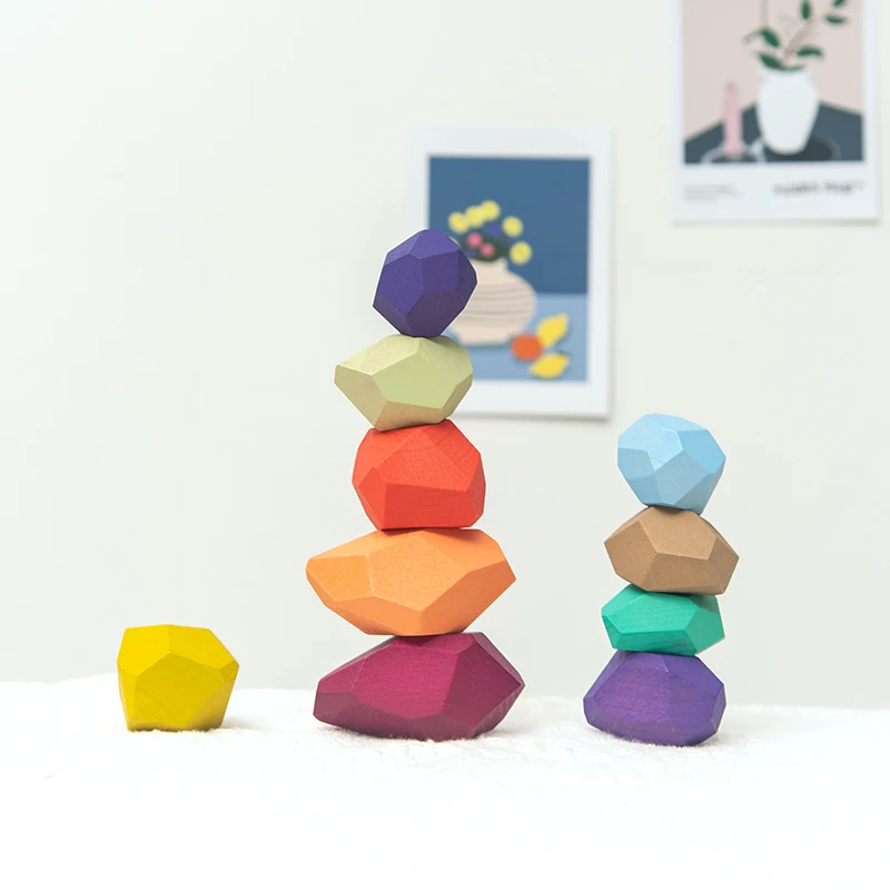 

Montessori Educational Wooden Colored Stone Jenga Building Block Toy Creative Nordic Style Stacking Game Rainbow Wooden Toy Gift