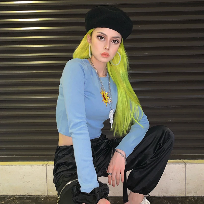 HEYounGIRL Базовая футболка с длинными рукавами Женская Повседневная футболка с вышивкой Harajuku Хлопковая женская неоновая зеленая футболка Женская Осенняя
