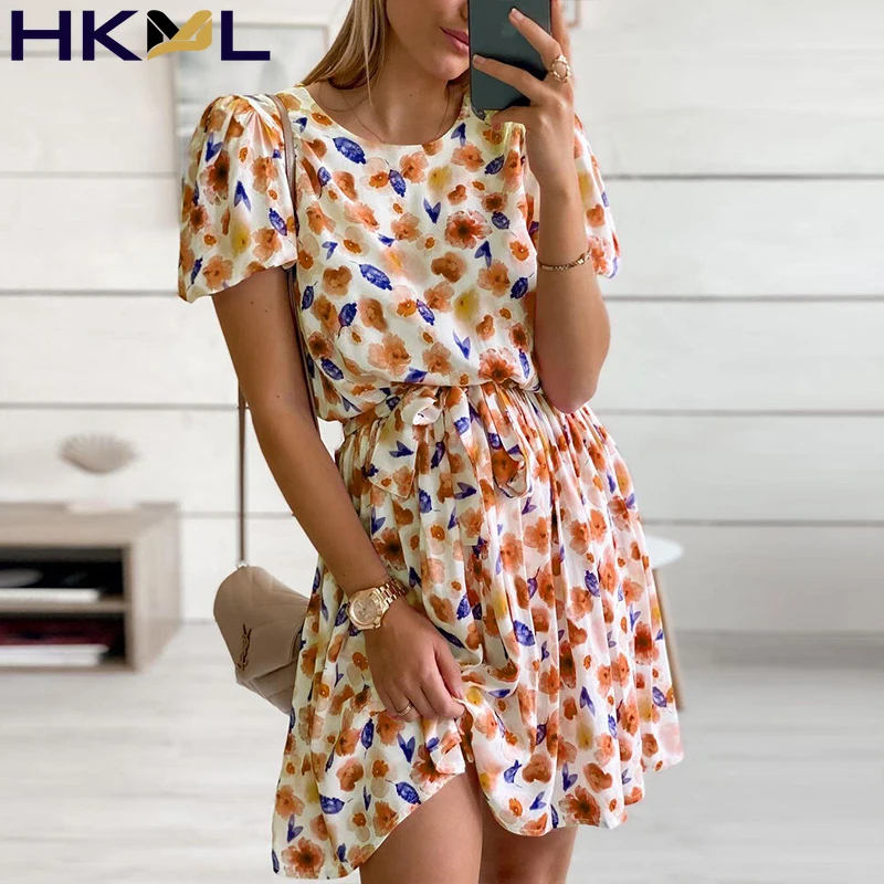 

Women Dress Tie-Up Belted Floral Print O Neck Short Sleeve Elegant Party Mini Dress 2021 Autumn