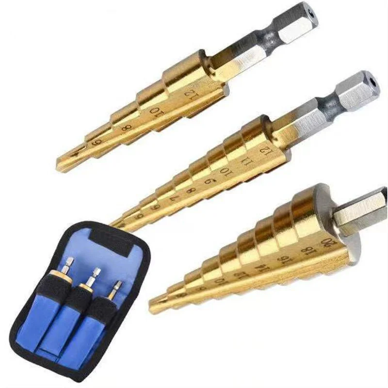 

3PCHSS Titanium Drill Bit 3-12mm 4-12mm 4-20mm Straight Groove Step Drill Bit Metal High Speed Steel Wood Hole Cutter Cone Drill