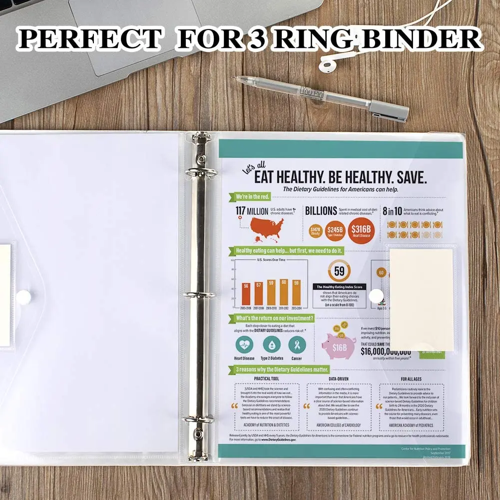 

6pcs/Lot Poly Binder Envelopes Clear Document Folders for 3 Ring Binder with Label Pocket & Snap Button for School Home Office