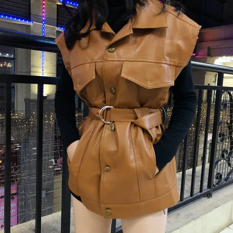 Женский однотонный жилет модная Осенняя однобортная мотоциклетная кожаная