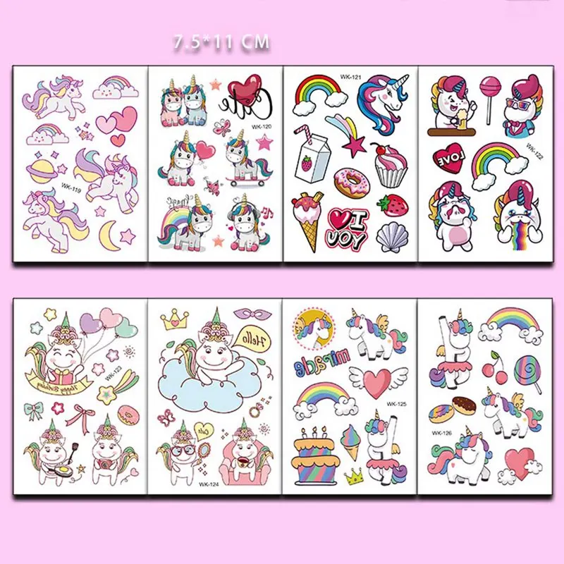 6 Sheet/Pack Random Color Cute Children Kids Cartoon Temporary Tattoos Sticker Girls Kids Unicorn Birthday Party Sticker