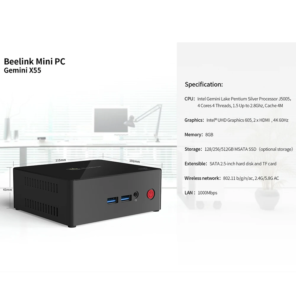 Мини-ПК Beelink Gemini X55 8GB 128GB GEMINI LAKE Pentium J5005 UHD 2,4 GHz+ 5GHz wifi 1000Mbps BT4.0Support 4K 60H Tv Box