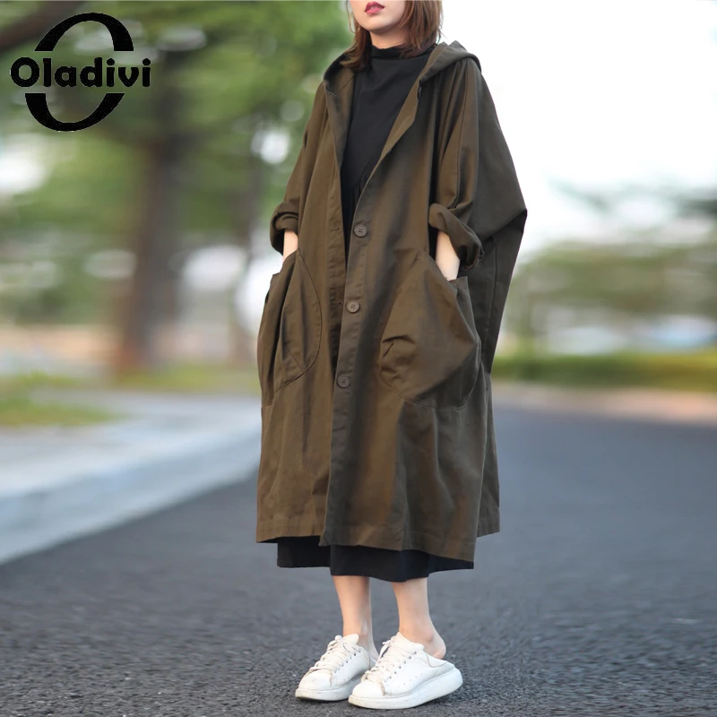 

Oladivi Overszied Women Casual Loose Trench Coat with Big Pockets Fashion Ladies Hooded Outerwear 2022 Autumn New Overcoats 5246