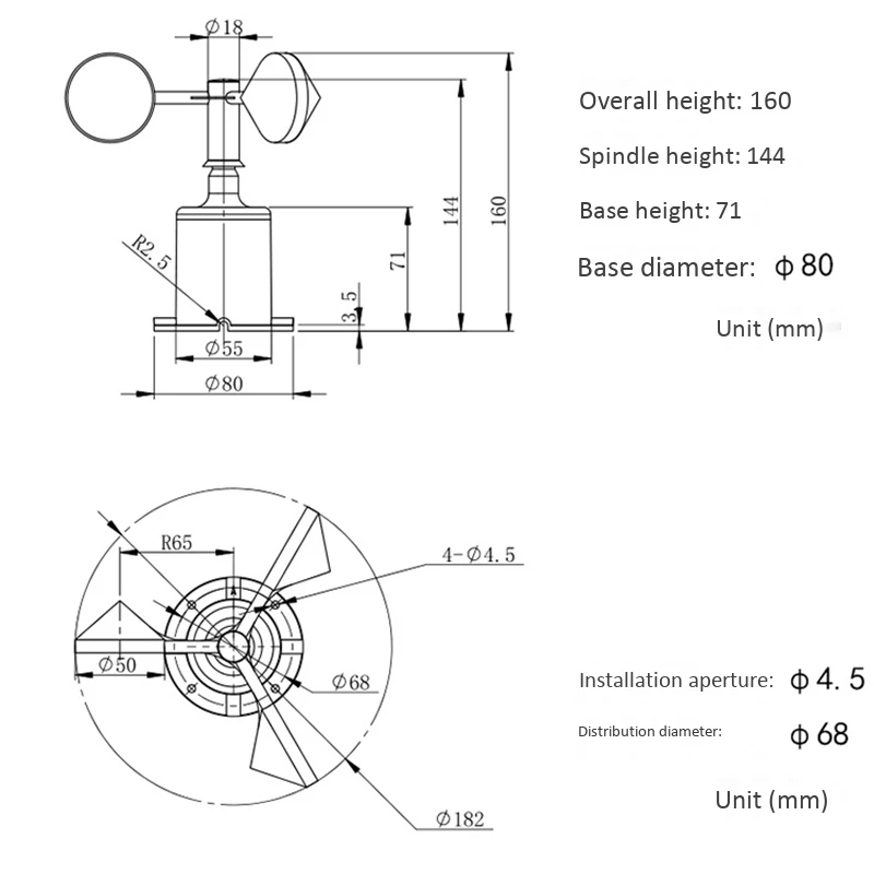

0-70M/S Wind Speed Sensor Environment Signal Output Pulse Type Three Cups Wind Speed Sensor Anemometer DC5-30V