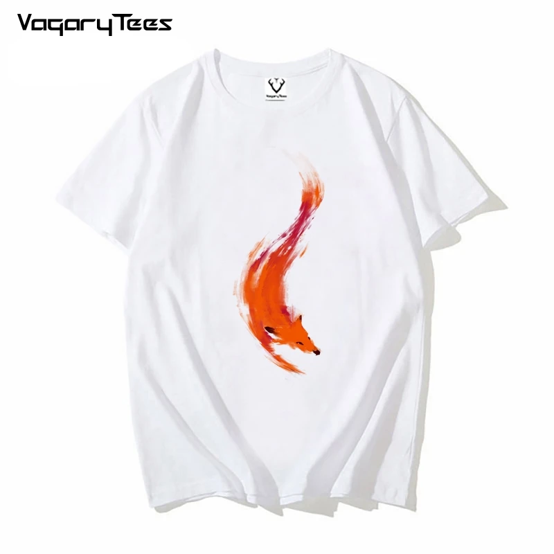 

Summer Men Fashion Hand Painted The Quick Orange-Red Fox Print Short Sleeve Popular Design Tops Novelty unisex streetwear