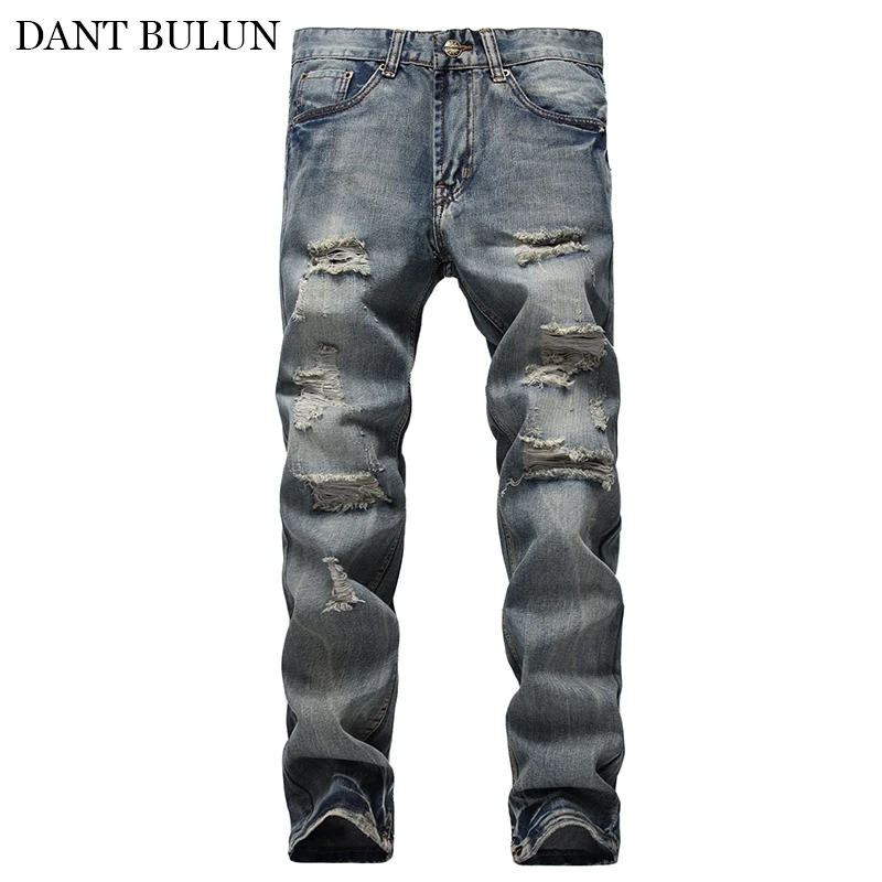 Jeans For Men Distressed Ripped Vintage Washed Blue Denim Pants Slim Fit Scratched Pencil Pants Casual Long Trousers Jeans Men