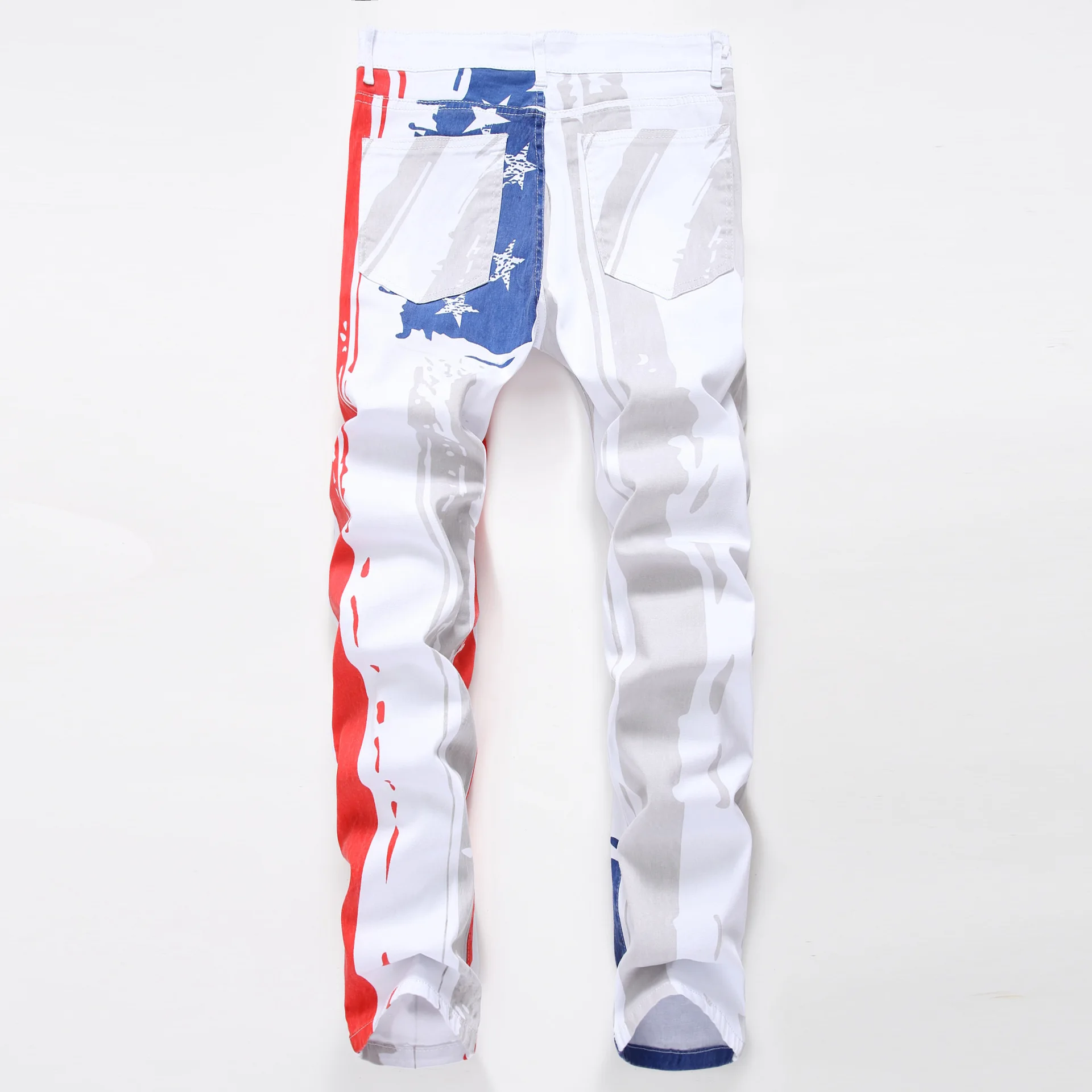 

2020 Men White with Printed Pattern America National Flag Casual Jeans Teenager Color Painted Pattern Jeans