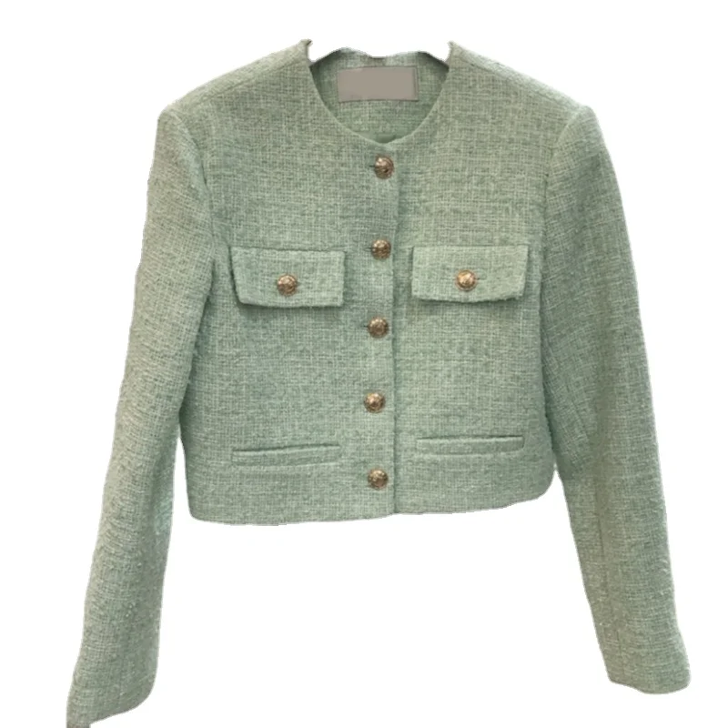 Модное твидовое шерстяное короткое пальто с круглым вырезом и длинными рукавами