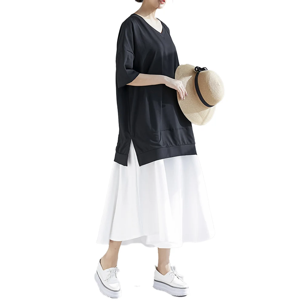 

Large Size Women's Korean Fashion Fake Two Splicing Mid-length Solid Color V-neck Women's Dress 2021 Summer New Loose Casual