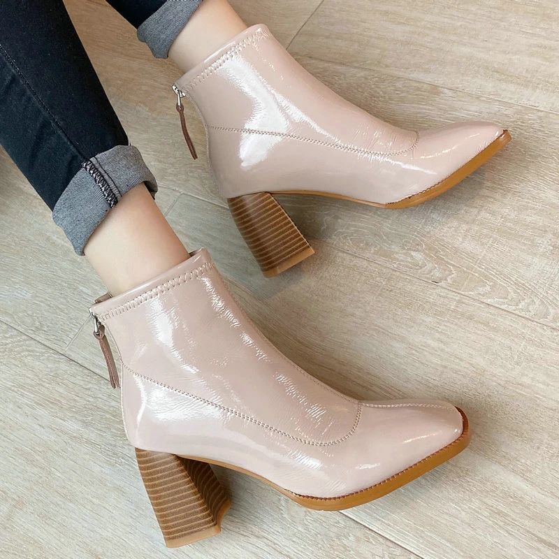 

Classic Back Zipper Ankle Boots Woman 2021 Autumn Winter Genuine Leather high heels Shoes Woman Office Lady Retro Winter Boots