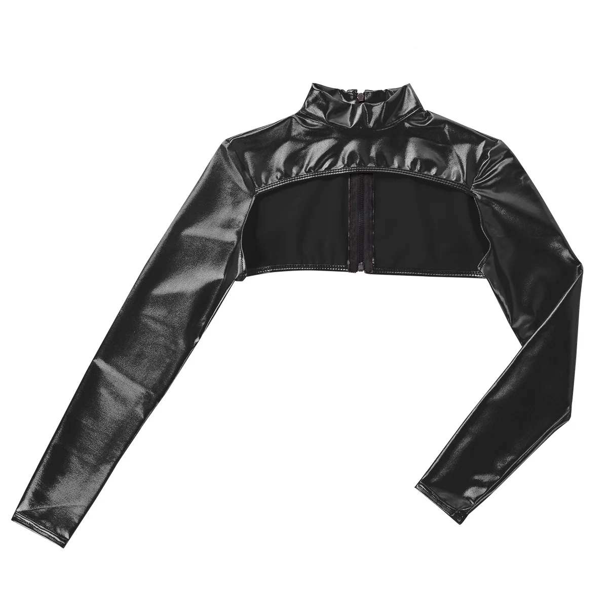 Женский Блестящий металлический короткий топ с длинным рукавом и молнией сзади