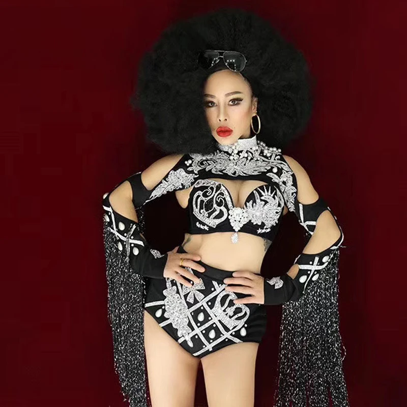 

Блестящий сценический наряд с кисточками и кристаллами, сексуальная женская одежда для диджея, Одежда для танцев на шесте, певицы, вечерняя ...