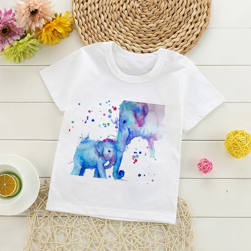 

Fashion Cartoon T-shirt Cute Color Elephant Print Pattern Boys and Girls Summer Short-sleeved Round Neck Top Children's Clothing